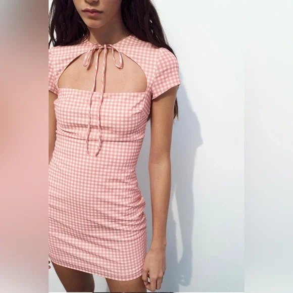 NEW Zara Tied White Pink Gingham Checkered Mini Dress XL L - Picture 2 of 9